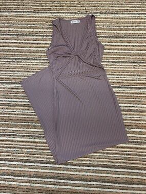 Beginning Boutique Ribbed Front-Knot Midi Dress - Dusty Mauve